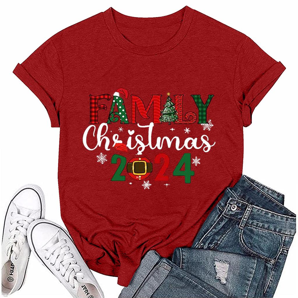 Женский повседневный рождественский принт с короткими рукавами и круглым вырезом, свободный пуловер, топ