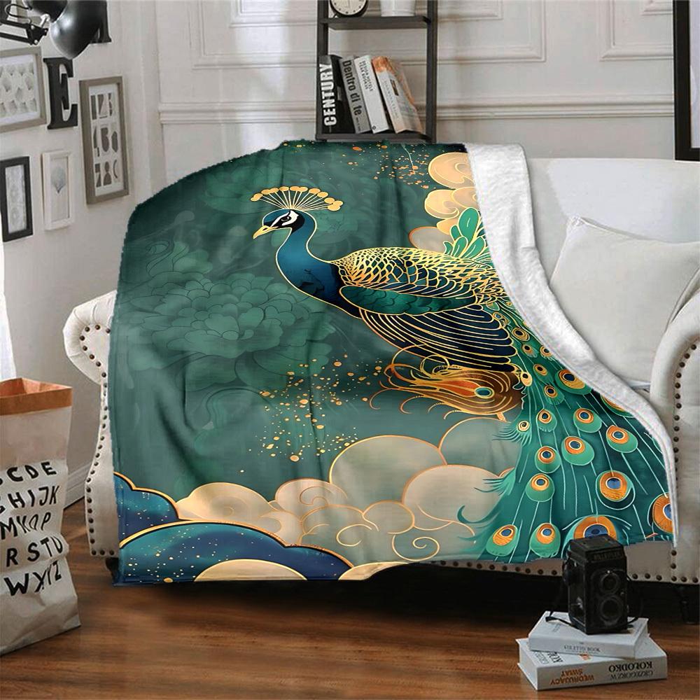 1PC Peacock Feather Pattern Blanket, Soft Warm All-Season Throw for Sofa, Bed, Car, Office, Vibrant Colorful Design, Durable & Cozy Gift for Home Deco