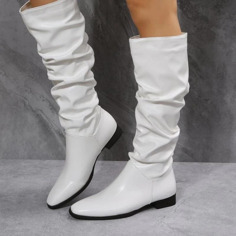 Обувь для женщин 2024 Весна Сапоги до колена Красные Черные Белые Высокие Сапоги Женские Плиссированные Низкие Каблуки Повседневные Кожаные Женские Длинные Туфли