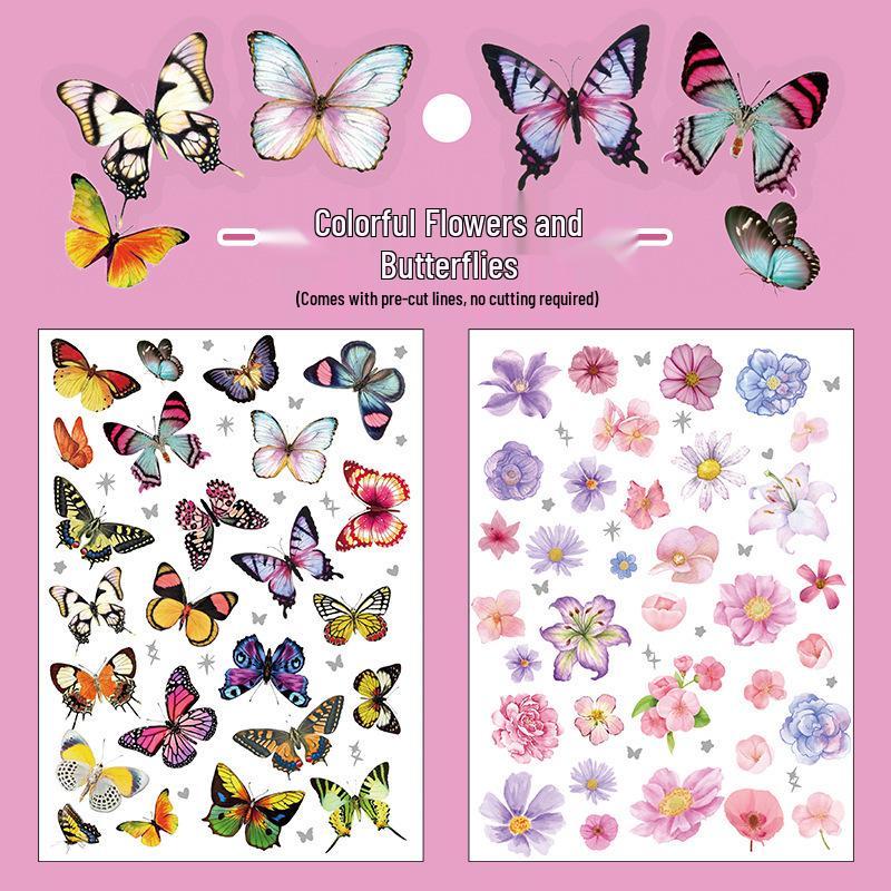 Retro Butterfly and Plant Waterproof PET Stickers - Large Ins Style for Notebooks