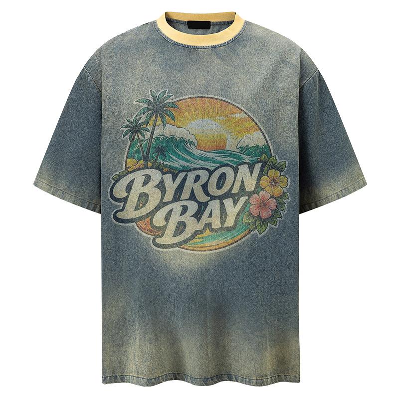 American trendy brand washed old denim short-sleeved T-shirt men's and women's summer retro loose couple half-sleeved t-shirt top
