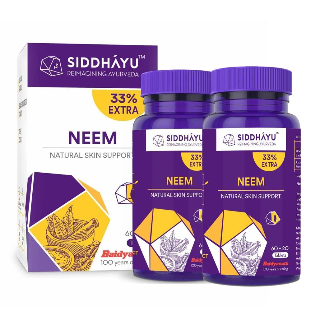 Baidyanath Siddhayu Neem Tablet Pack of 2 X (60 + 20 Tablets Free) sNatural Skin Support Anti Acne