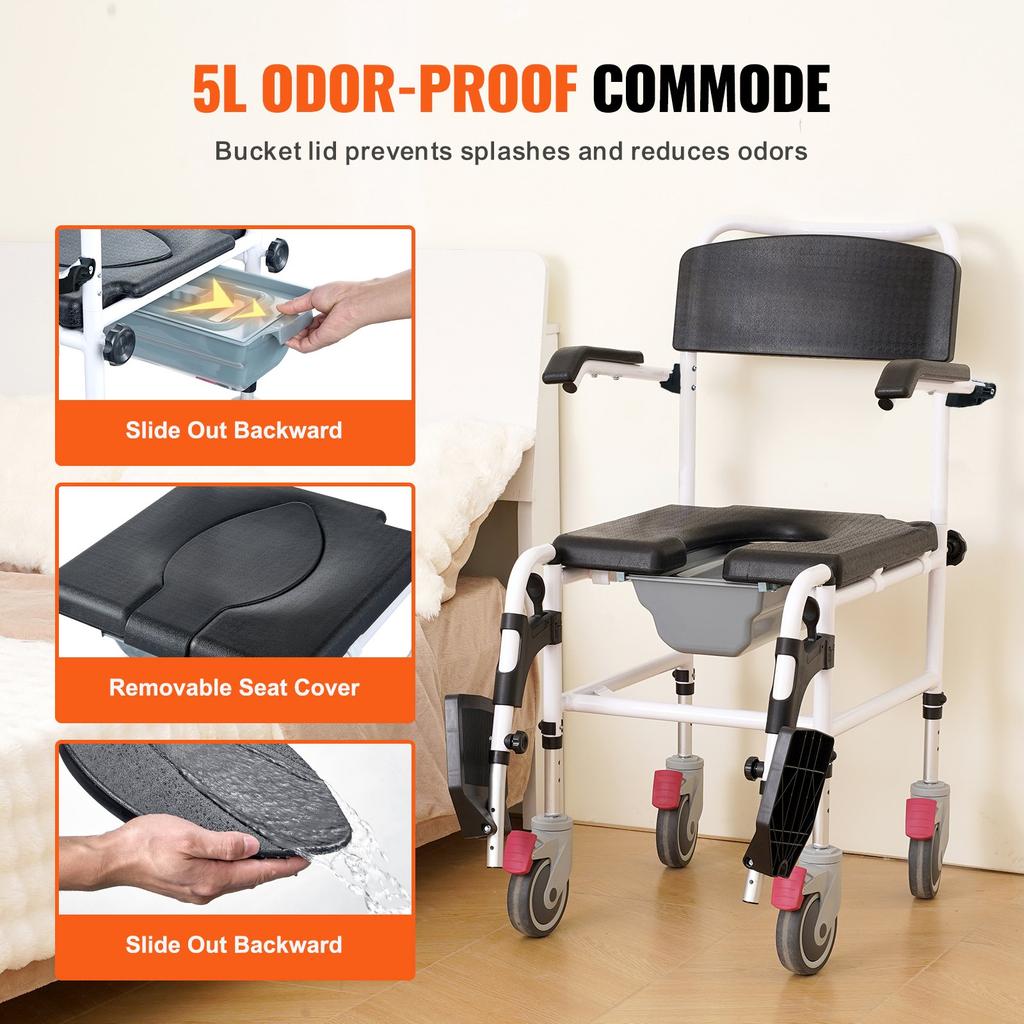 VEVOR Shower Commode Wheelchair with 4 Lockable Wheels, Footrests, Flip-up Arms, 3-Level Adjustable Height, 5L Removable Bucket, 350 LBS Capacity