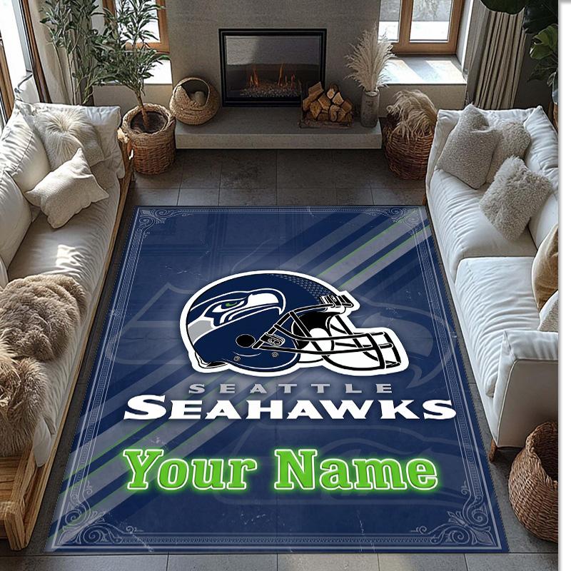 Seattle Seahawks Crystal Velvet Rug, Custom Name Text Personalized Non‑Slip Floor Mat for Home Decor Gift