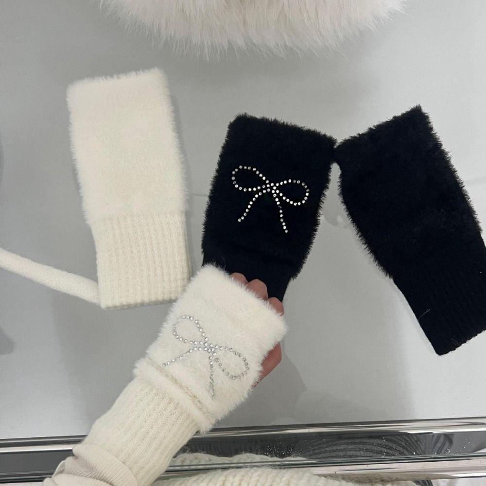 Hotfix Rhinestone Knitted Gloves Plush Half Finger Mittens Soft Bow Gloves Cycling