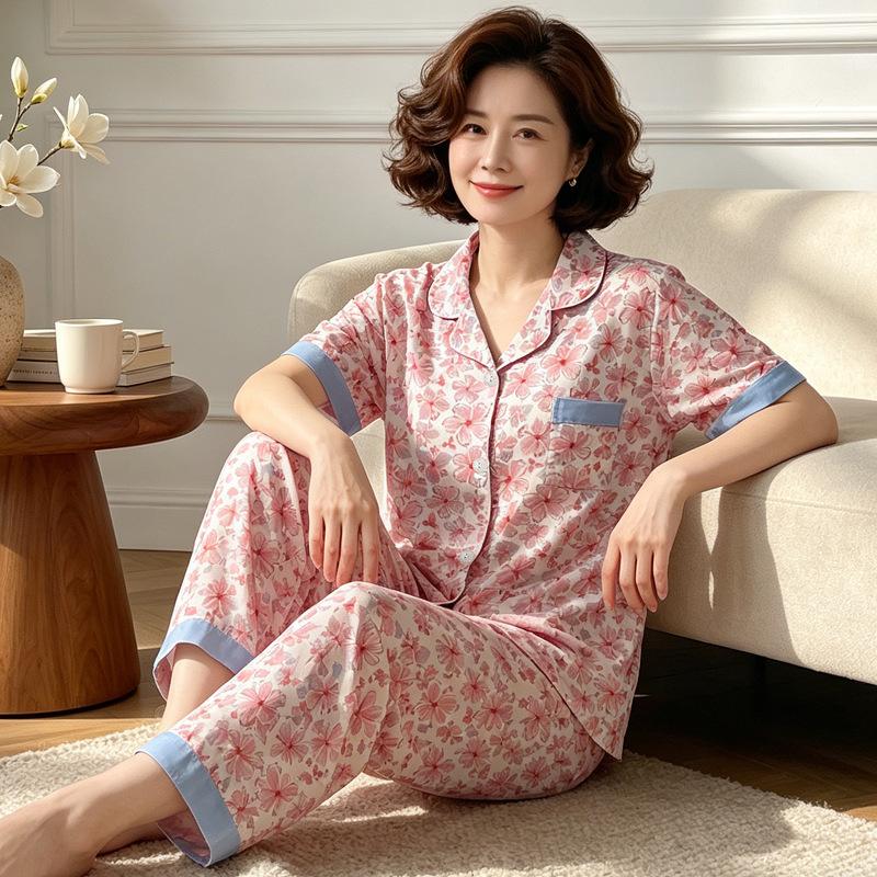 High-end light luxury fashion flower middle-aged mother generation imitation cotton pajamas loose large size short sleeve two-piece set
