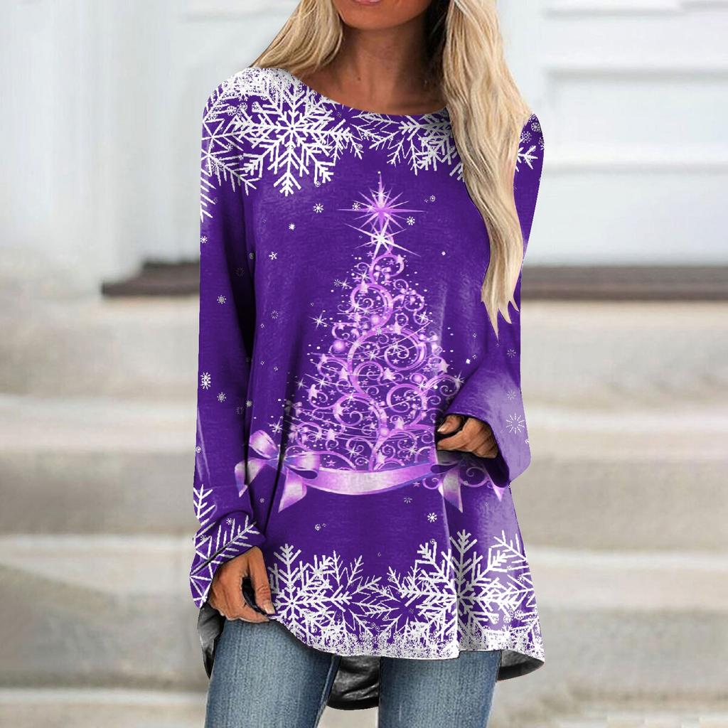 Женская модная повседневная футболка с рождественским принтом и длинным рукавом, круглый вырез, средний длинный топ