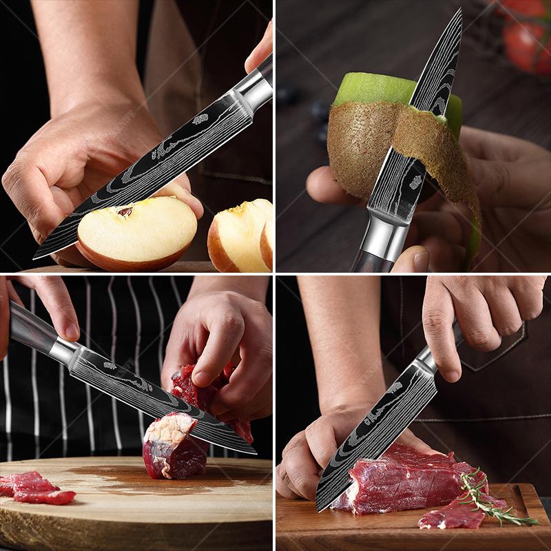 3pcs Stainless Steel Multi-purpose Knife Extremely Thin Sharp Fruit Knife Santak Carving Knife Color Tree Grain Handle Kitchen Quality Knife Set