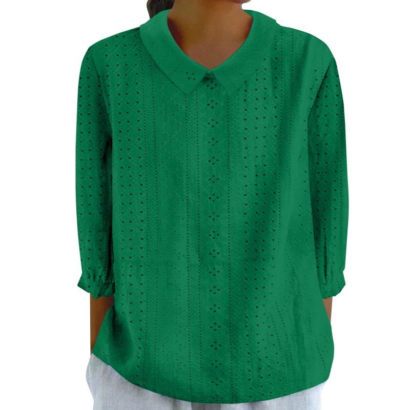 Women's Autumn Shirt Casual Loose Lapel Shirt Pure Top Solid Color Casual Seven Sleeves Women's Breathable Shirt