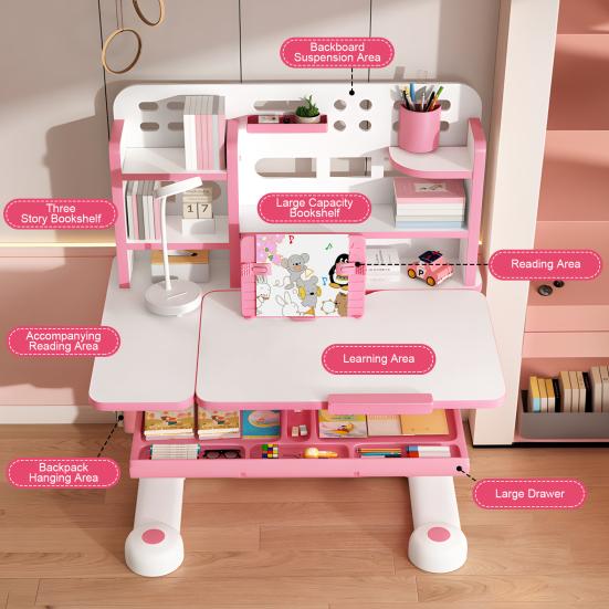 Study Desk And Chair Kid's Set, Height Adjustable Children's Set with Bookshelf Storage Drawer, 50-Degree Tiltable Desktop Table for Bedroom Room Kids