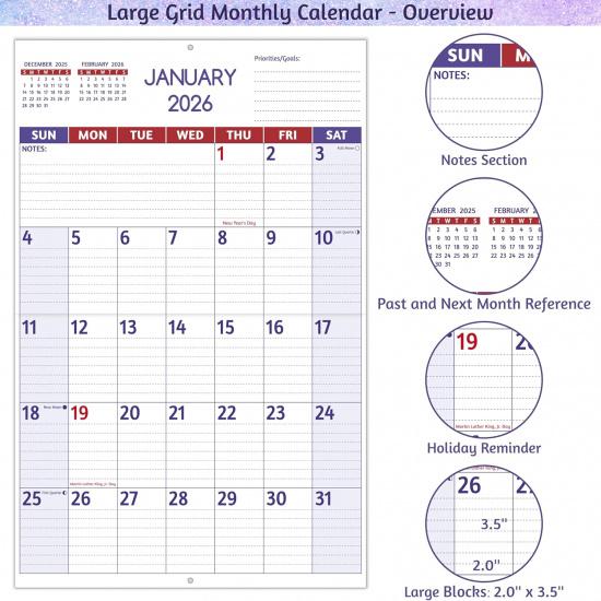 2026 Wall Calendar - Large Print Calendar 2026, 12 Monthly Calendar, Jan. 2026 - Dec. 2026, 14.6 x 22.8 In (Open), 2026 Calendar with Big Numbers,