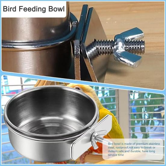Bird Feeding Bowl Stainless Steel Parrot Feeder Birdcage Feeder Cup with Clamp