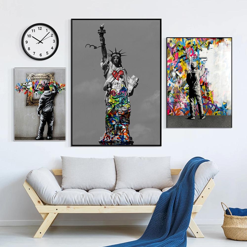 Уличные граффити, настенные художественные картины, постеры с сердечками, современная абстрактная фреска, популярные произведения искусства для печати на холсте, галерея домашнего декора