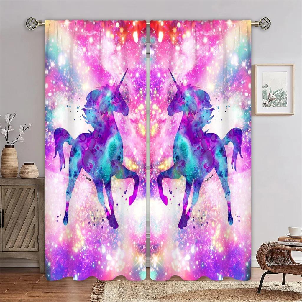 3D Радужные Шторы-Солнцезащитные Шторы с Рогом Лошади, 2 Панели, Подходят для Спальни, Гостиной, Детской Комнаты, Офиса, Домашнего Декора