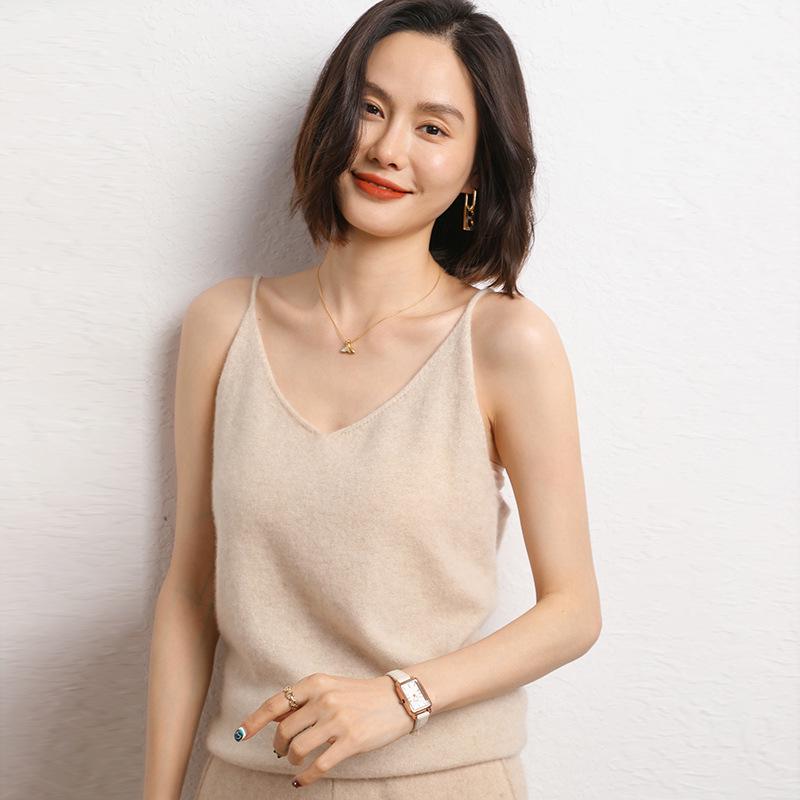 V-Neck Sleeveless Cashmere Knit Camisole Vest – Slim-Fit Women's Base Layer