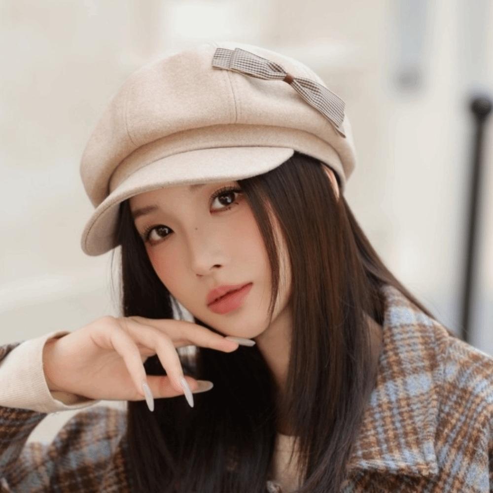 Wool Newsboy Hat Solid Color Octagonal Cap Casual Painter Hat  Female