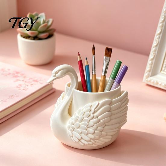 Desk Organizer Elegant Swan Pen Holder, Durable PLA Pencil Organizer, Decorative Large Desktop Clutter Capacity Container for Stationery Makeup