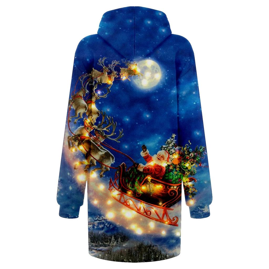 Women's Fashion Christmas Printed Pockets Long Sleeve Hoodies Pullover Dress