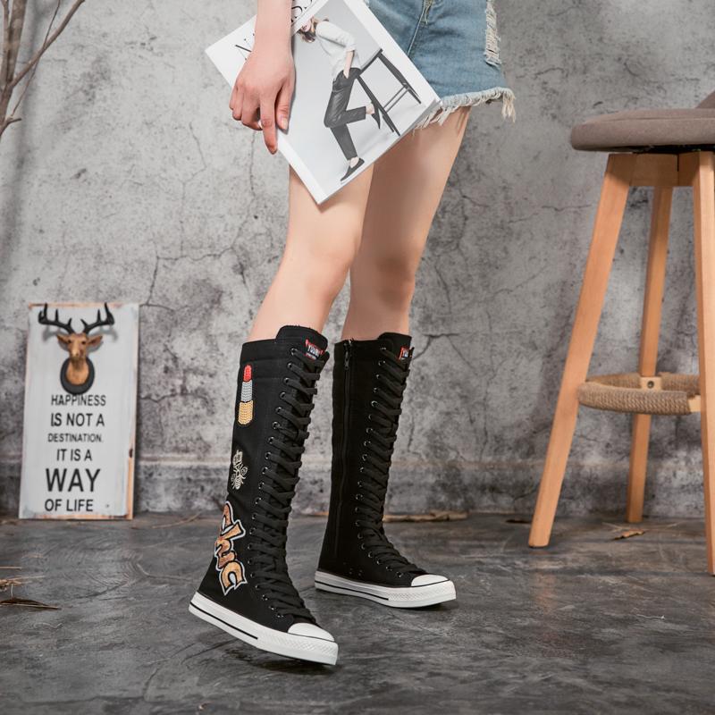 Весенне-осенние женские ботинки, парусиновые сапоги до середины икры, повседневная обувь с высоким берцем, длинные сапоги, удобные ботинки на плоской подошве со шнуровкой, размер 34-43