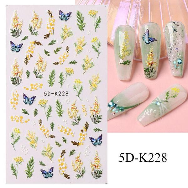 5D акварельные цветочные наклейки для ногтей с голографическими акцентами в виде листьев в фиолетовом и белом цветах