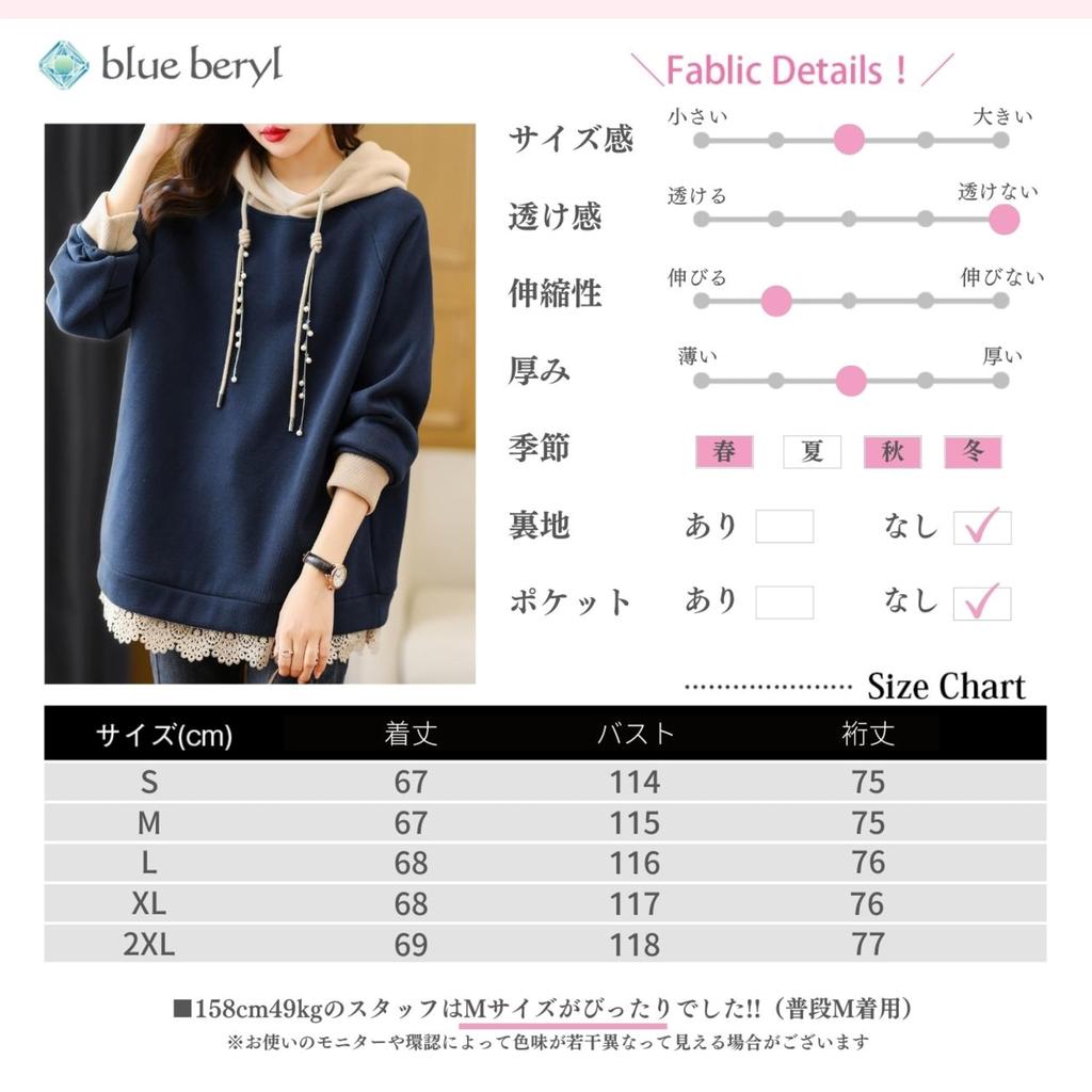 Худи женское из длинного флиса с кружевом цвета голубого берилла, свободного кроя [Ограниченный запас], Пуловер, Низ, Рукава, Подкладка, Посадка, Голубой, BB028-BL-S