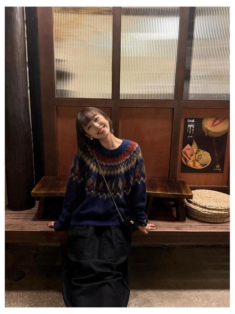 Темно-синий свитер из мохера с жаккардовым узором в стиле Fair Isle для женщин - Осень/Зима Корейский стиль Рождественская атмосфера Свободный крой