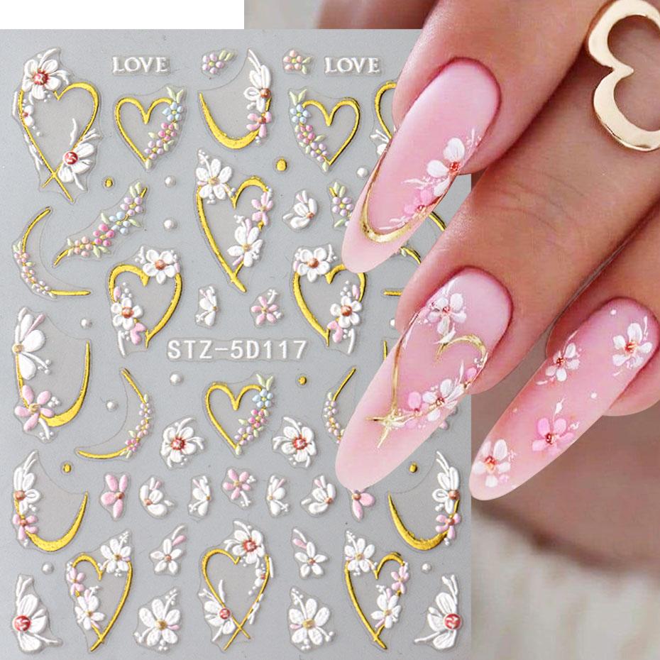 5D тисненые слайдеры Kawaii Floral Gold Line с весенними белыми цветами, наклейки для ногтей, лепестки, свадебные наклейки для ногтей, аксессуары
