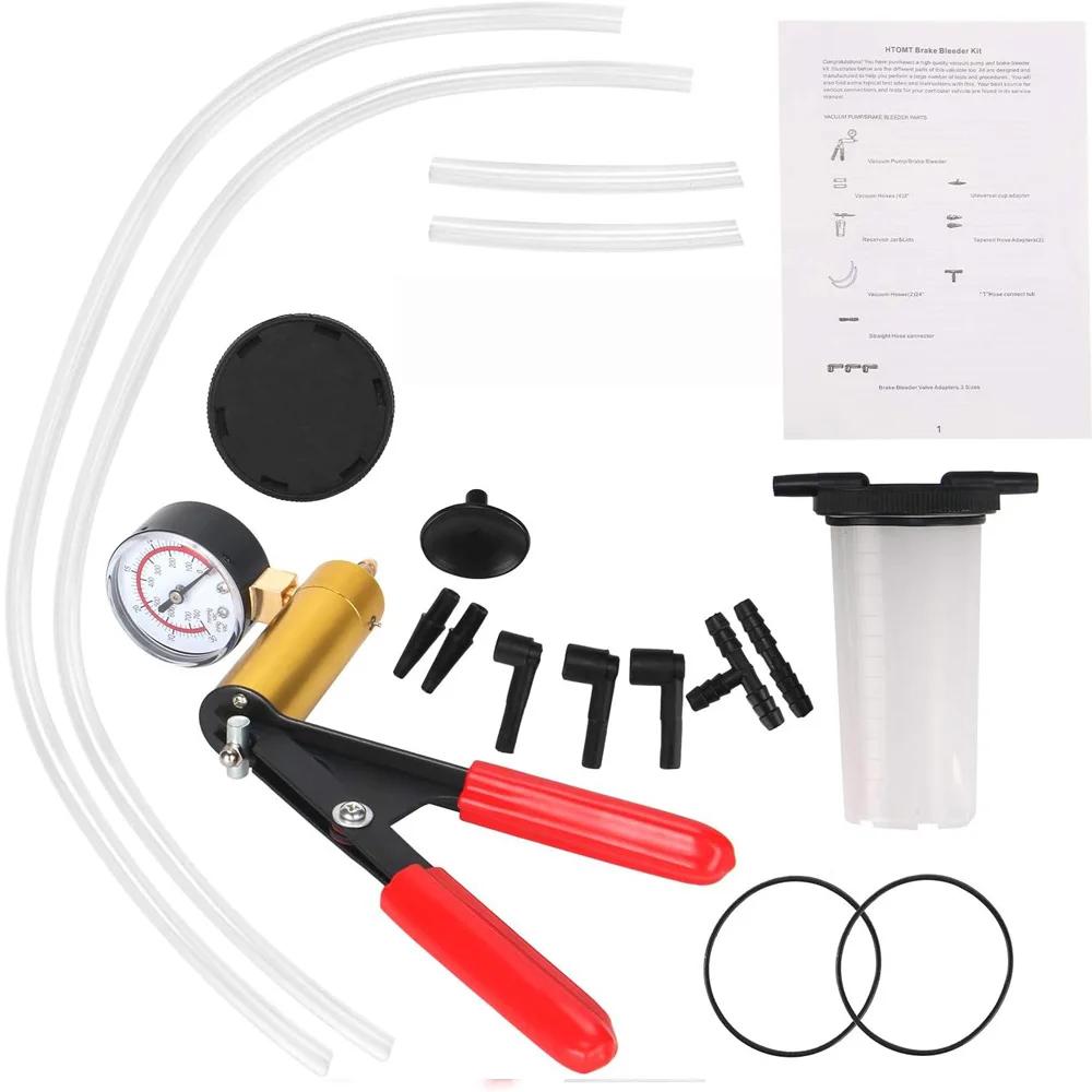 21pcs Manual Brake Bleeder Vacuum Pump Kit Automotive Fluid Tester with Gauge Adapters 2 in 1 Handheld Pistol Test Tools for Car