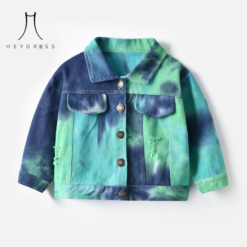 Корейский стиль, разноцветная короткая джинсовая одежда с принтом тай-дай, новая детская джинсовая куртка с длинными рукавами и лямками