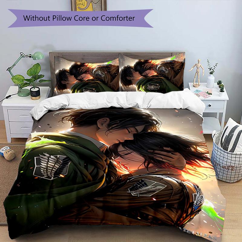 Eren & Mikasa 3pcs Bedding Set Duvet Cover Closure Includes 1 Duvet Cover & 2 Pillowcases for All Seasons Bedroom Home Dorm Decor