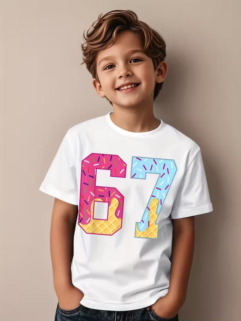 67 Meme Graphic Tshirt Kids Funny Number Print Summer Short Sleeve Loose Streetwear Tops
