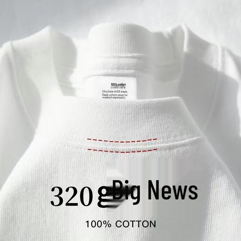 320 г Плотная футболка с коротким рукавом в американском стиле из чистого хлопка - Унисекс, Повседневная, Большого размера, Однотонный топ