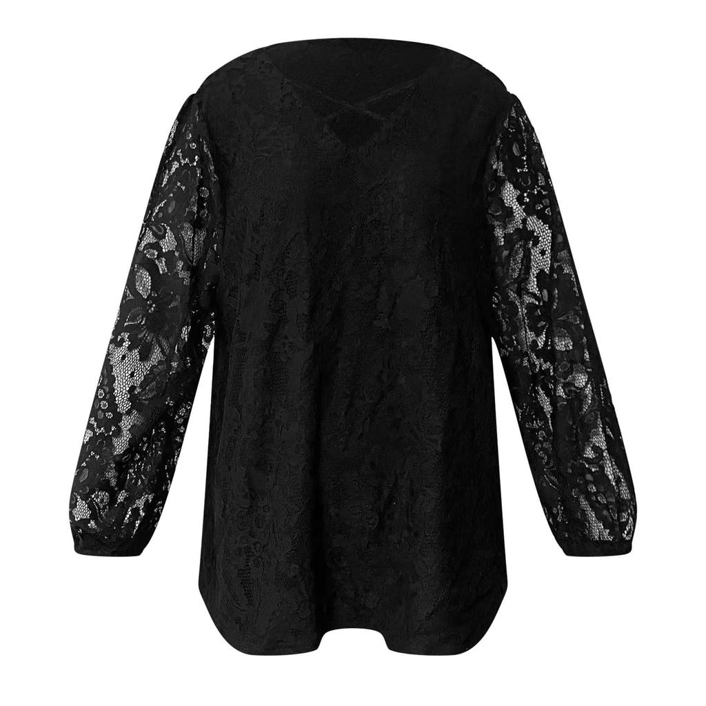 Женская мода однотонный крест V-образный вырез с длинными рукавами кружевной универсальный топ больших размеров