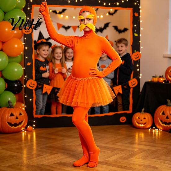 Full Coverage Suits Orange Bodysuit, with Tulle Skirt, Fake Belly, Yellow Mustache & Eyebrows, Halloween Cosplay Jumpsuit Open Face Zentai Suit,