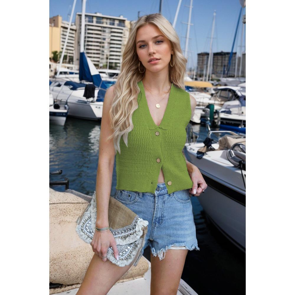 Летняя женская мода однотонный топ-майка с V-образным вырезом на пуговицах