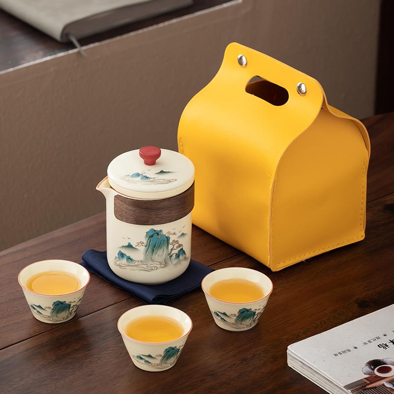 Guochao retro splendid mountains and rivers Ru kiln open piece teapot travel portable travel tea set ceramic set
