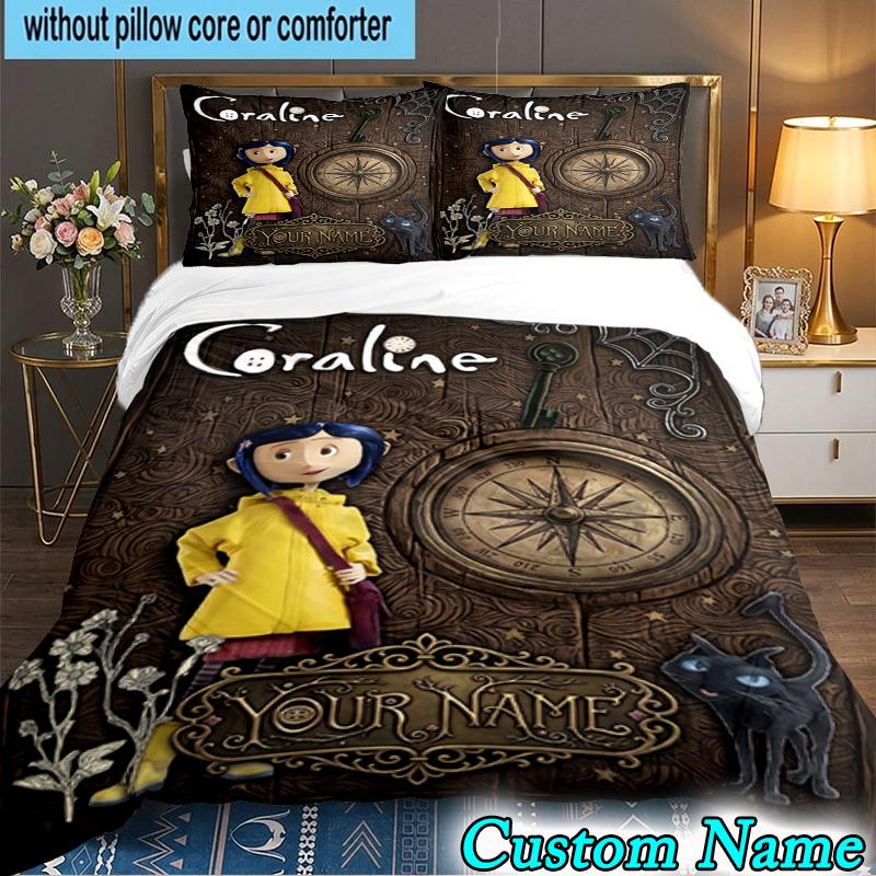 Custom Name 3PCS Mystery Coraline's World Bedding Set,Including Duvet Cover And 2pcs Pillowcases Perfect for Bedroom,Dormitory,Fan Christmas gift