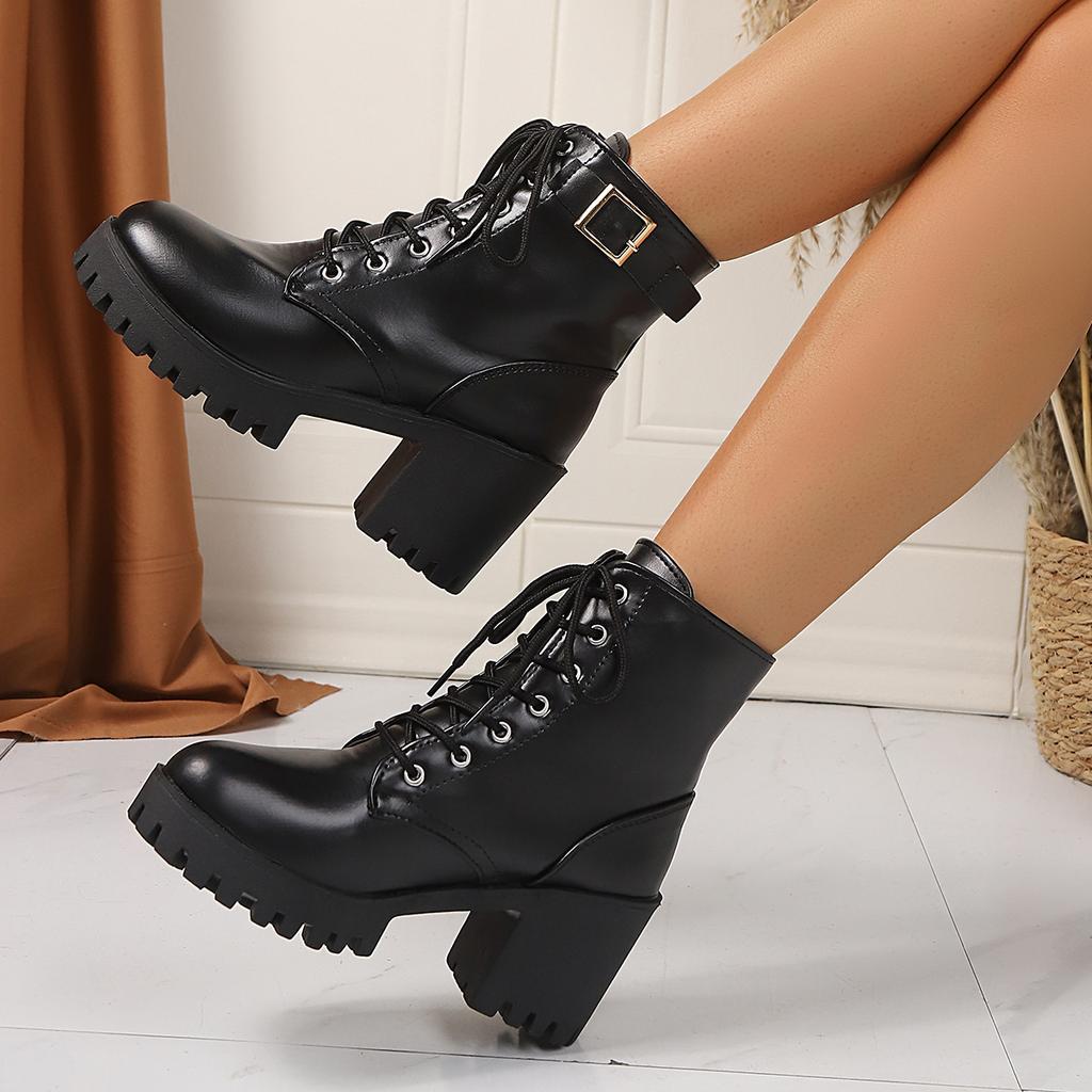 Fashion In The Spring Autumn of 2025, The British Style Round-headed Thick-heeled Ankle Boots Female Black Lace-up Design Fashion Boots.