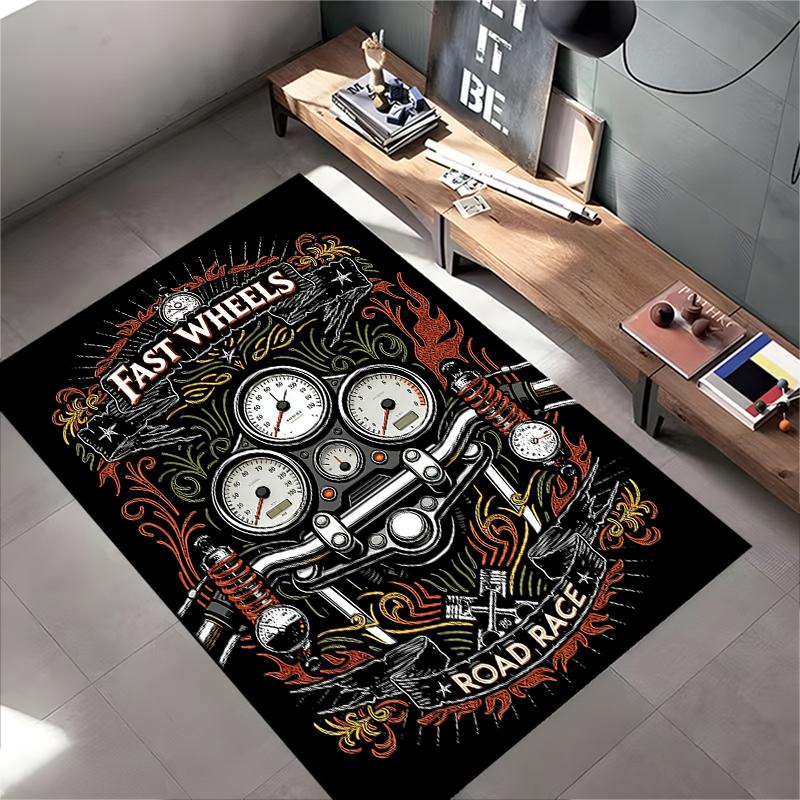 Motorcycle Dashboard Design Black Carpet, Fast Wheels Road Race Style Suitable for use as an anti-slip for living room bedroom sofas