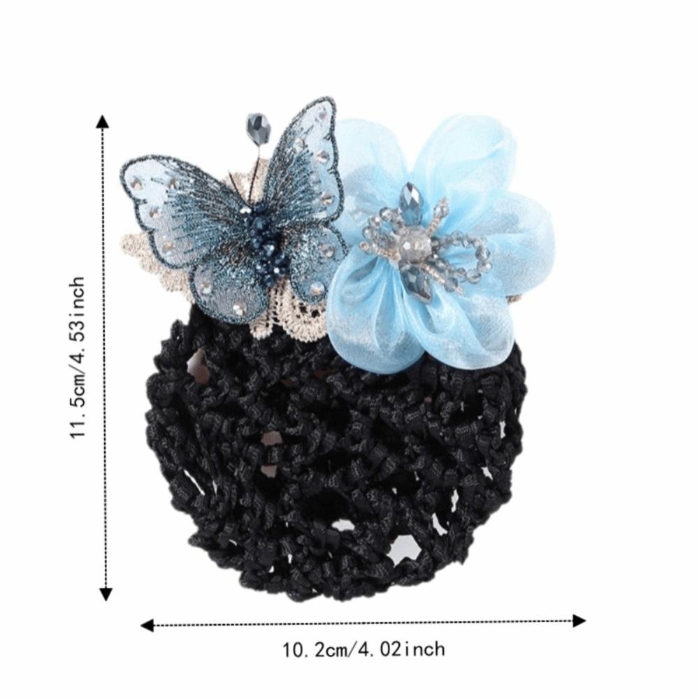 Butterfly Flower Elastic Hair Net Rhinestone Beads Decor Hair Bun Holder Hotel Staff Uniform