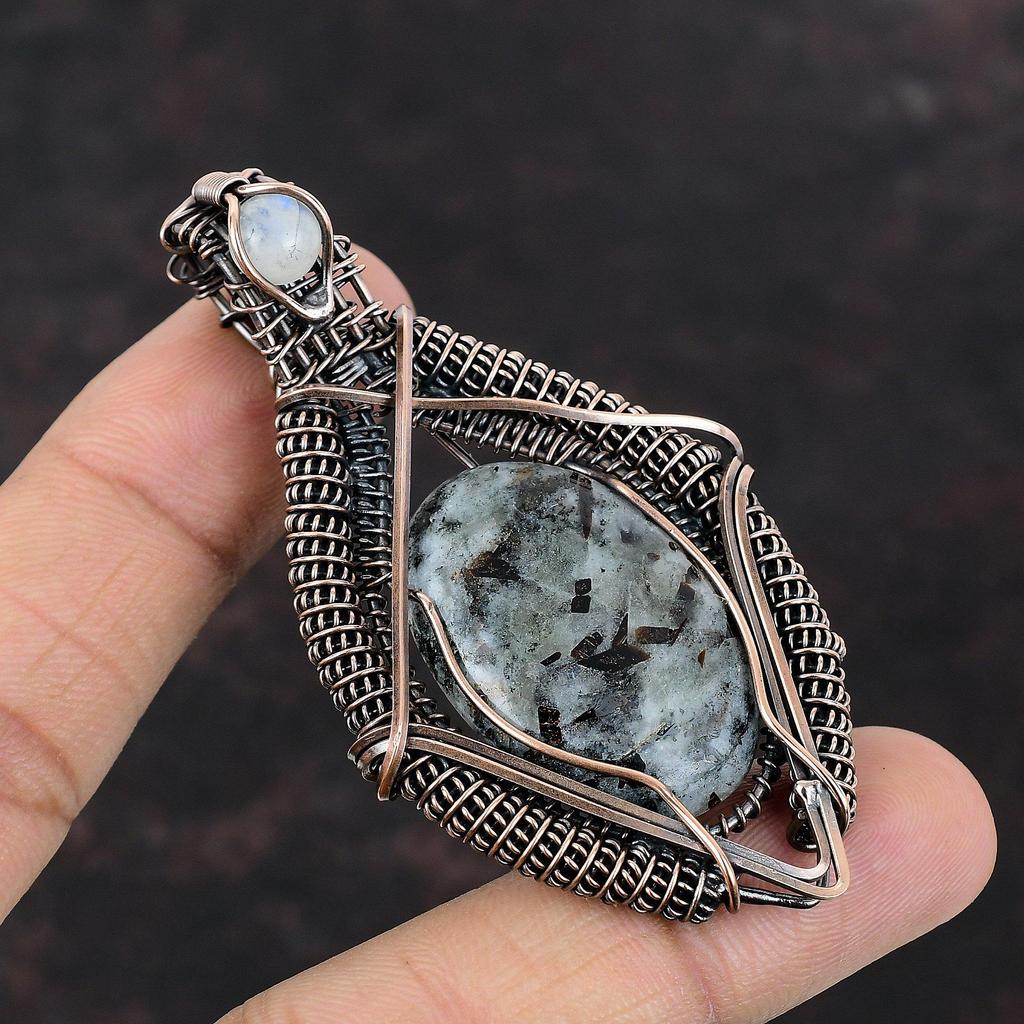 Подвеска из драгоценного камня астрофиллита, медная проволока, обернутые ювелирные изделия, ювелирные изделия из астрофиллита, подвеска из лунного камня ручной работы, подарок для мамы, медные подвески