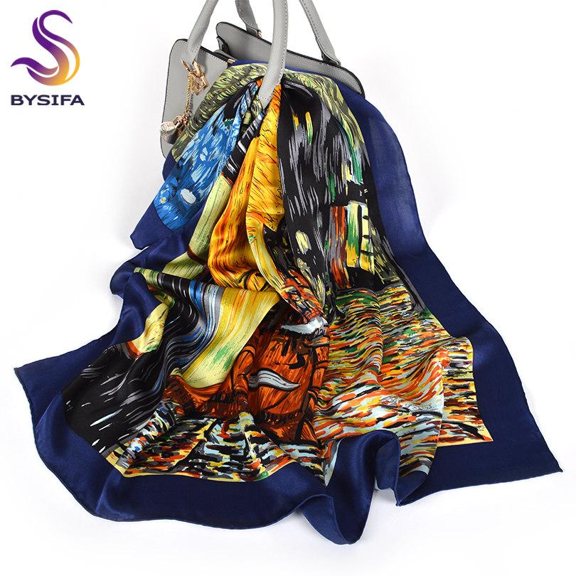 [BYSIFA] Women Silk Scarf Shawl Fall Winter Blue Neck Scarves New Oil Painting Lotus Pond Design 100% Silk Square Scarves88*88cm
