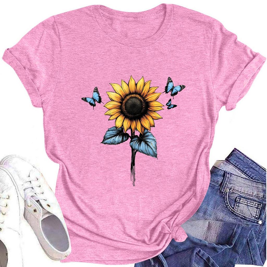 Women's Fashion Round Neck Short Sleeve T-Shirt Sunflower Printed Casual Top