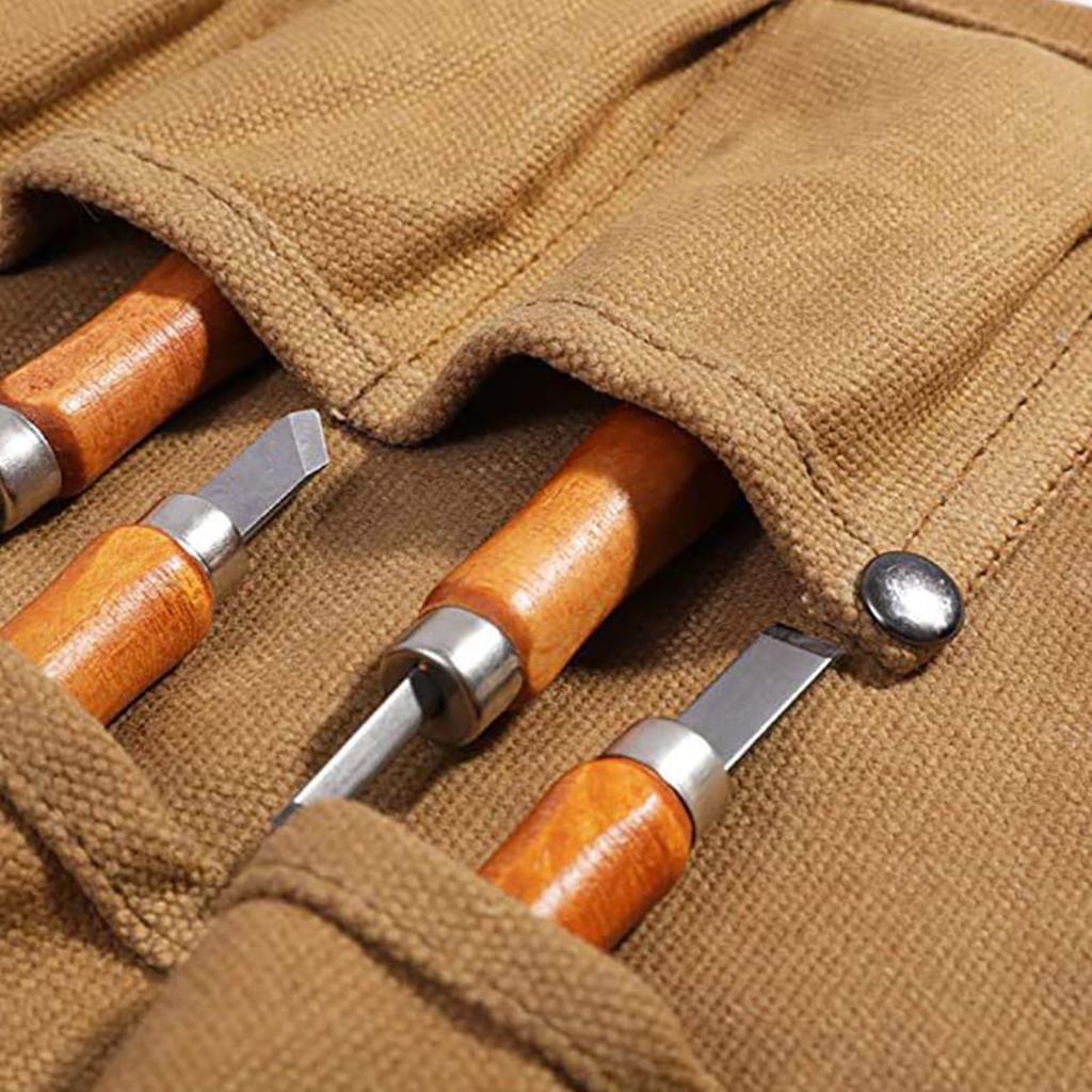 Tool Roll Heavy Duty Waxed Canvas Small Tool Bag Tool Pouch for Chisels Hammer Gouges Pocket Storage Bag Tool Accessory