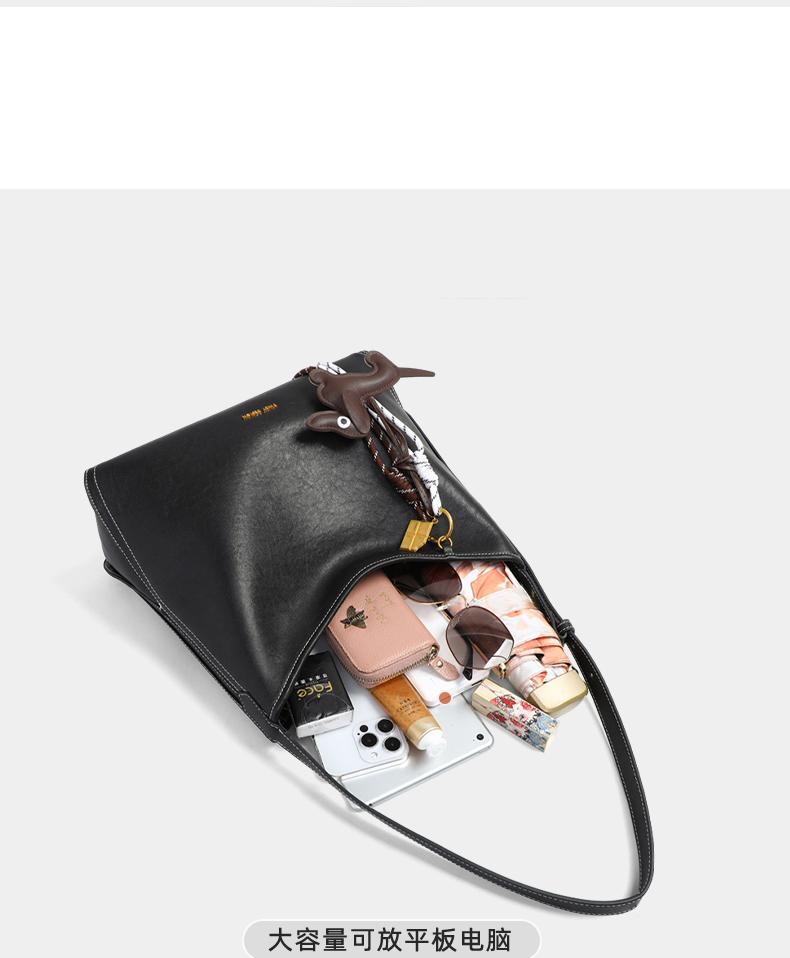 Viney black leather dog pendant simple tote bag for women