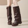 Ботильоны с круглым носком, пряжкой, однотонные, современные, осенние, до колена, женская обувь 2025, горячая распродажа, на молнии, на среднем каблуке, на квадратном каблуке, женские ботинки