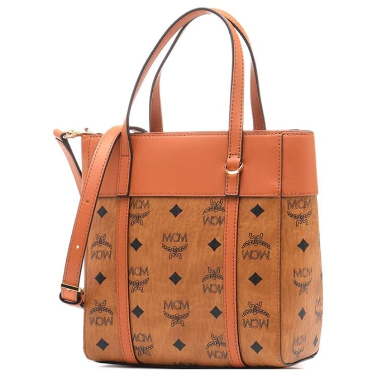 MCM Canvas paneled Calfskin Trim Tote Bag, Shopping Bag, Handbag Mini Women's Brown & Cognac MWPDSTA01CO001
