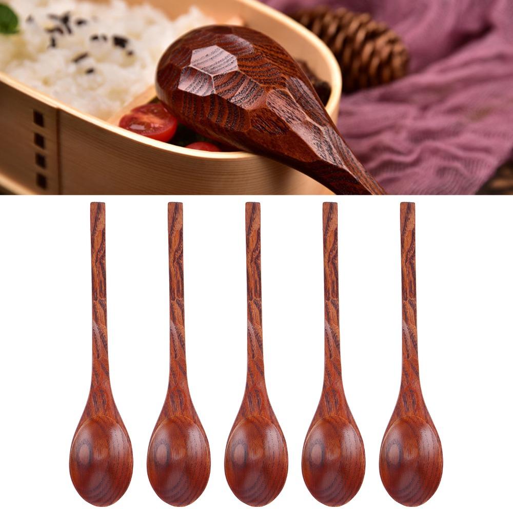 5Pcs Solid Wood Wooden Spoons Polished Surface Long Handle Spoons Tableware Set For Soup Cooking