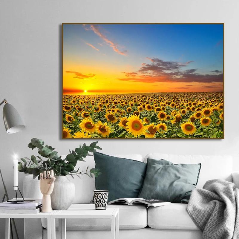 Поле подсолнухов на закате Солнечный пейзаж Художественные постеры Холст Живопись Настенные принты Картины для гостиной Домашний декор Cuadros