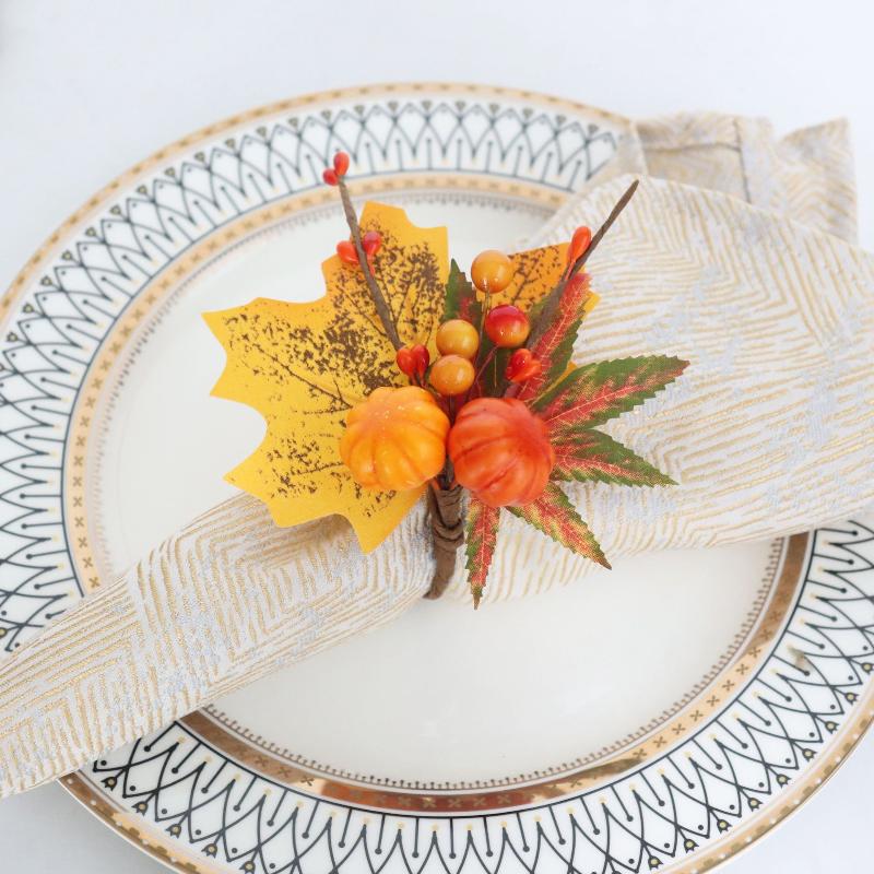 Набор двойных колец для салфеток с тыквами и кленовыми листьями, осенний декор для стола на День благодарения, с искусственным венком для званого ужина на Хэллоуин